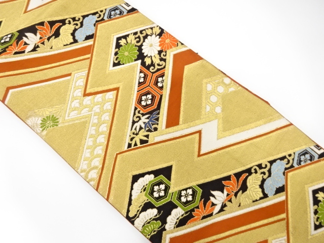 JAPANESE KIMONO / ANTIQUE FUKURO OBI / SILK / WOVEN GEOMETRIC & FLORAL PLANTS & CLASSICAL PATTERN